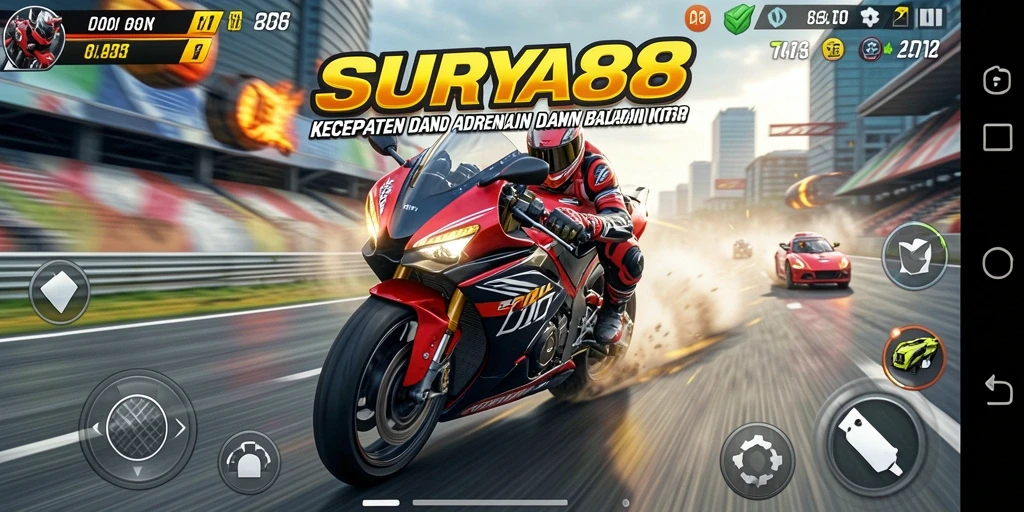 Tampilan gameplay SURYA88 dengan balapan motor yang mendebarkan.